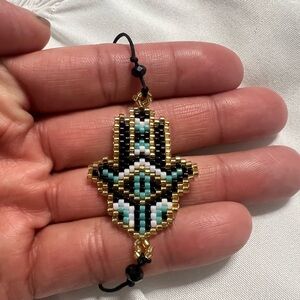 Handcrafted Hamsa Beaded Bracelet - Black, Gold, Blue
